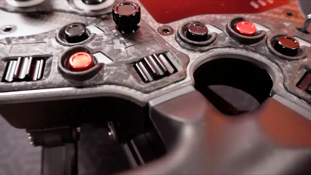 Closeup of Asetek Steering Wheel Buttons and Encoder