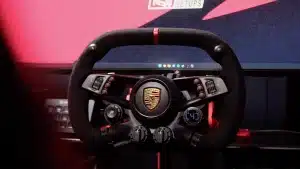 Fanatec Porsche Vision GT Steering Wheel mounted to sim rig